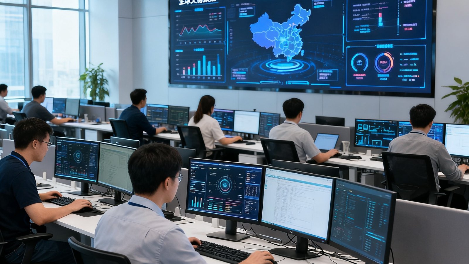 MK体育位于马尼拉总部的开放式办公区，数十名技术工程师在双屏工作站前专注工作，墙面大屏实时显示全球交易数据与安全监控状态